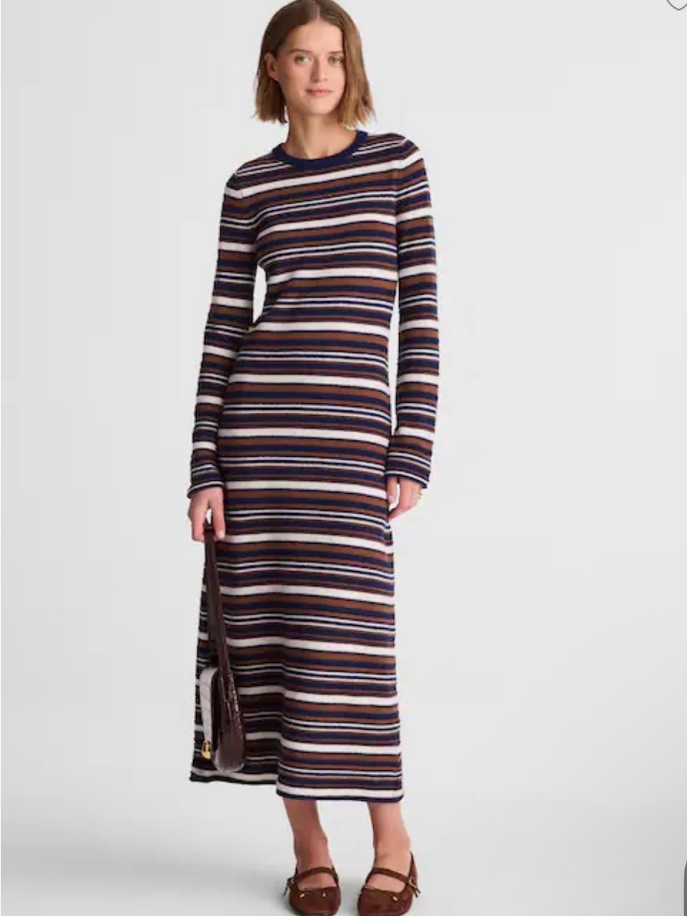 Madewell Striped Long-Sleeve Maxi Dress in Navy, Brown & Cream